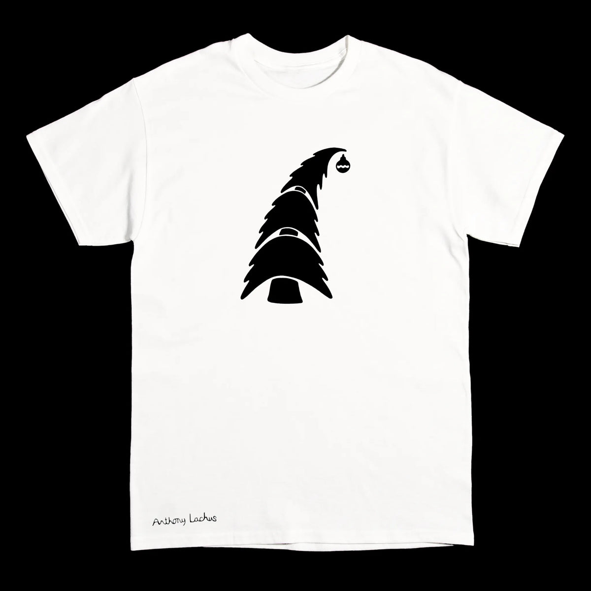 A white short-sleeve crewneck t-shirt featuring a black graphic of a stylized Christmas Tree, with a small black signature print near the bottom left hem, displayed against a solid black background. An original, hand drawn artwork by Anthony Lachus.