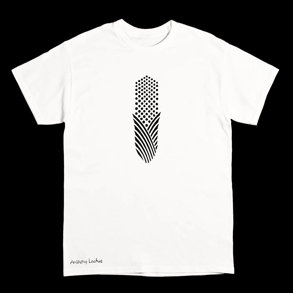 A white short-sleeve crewneck t-shirt featuring a black geometric corn graphic on the chest and a small 'Anthony Lachus' signature on the bottom left, displayed against a solid black background.