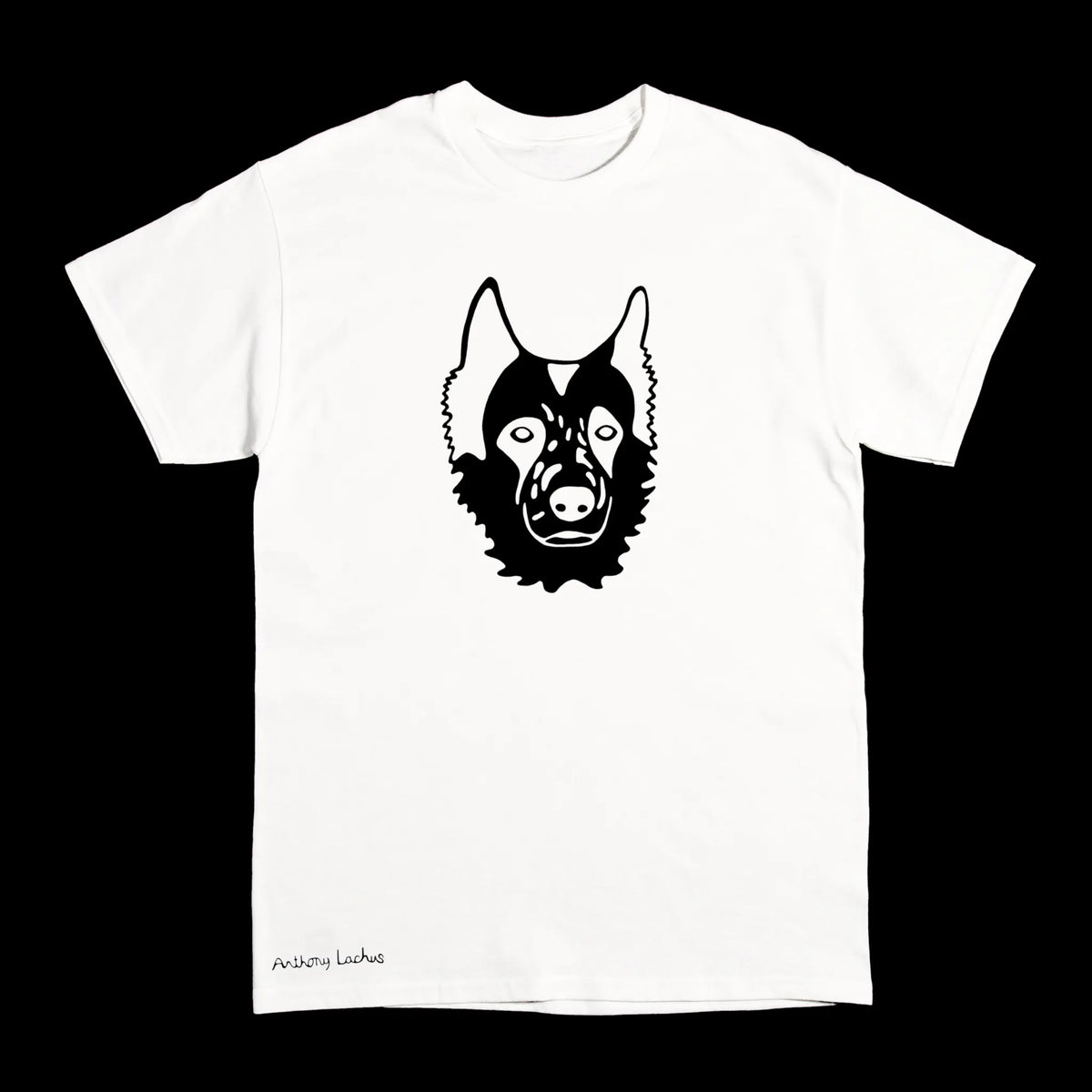 A white short-sleeve crewneck t-shirt featuring a black graphic print of a dog's face on the chest, with 'Anthony Lachus' printed in black near the bottom left hem, shown against a solid black background.