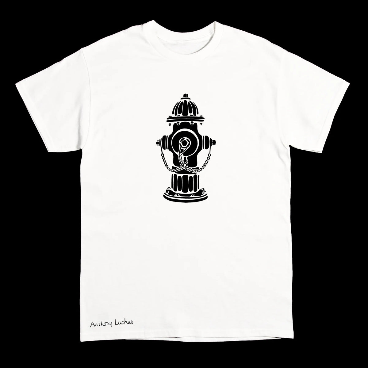 A white short-sleeve crewneck t-shirt featuring a black graphic of a vintage fire hydrant on the chest, with ‘Anthony Lachus' printed in black script near the bottom left, displayed against a solid black background.