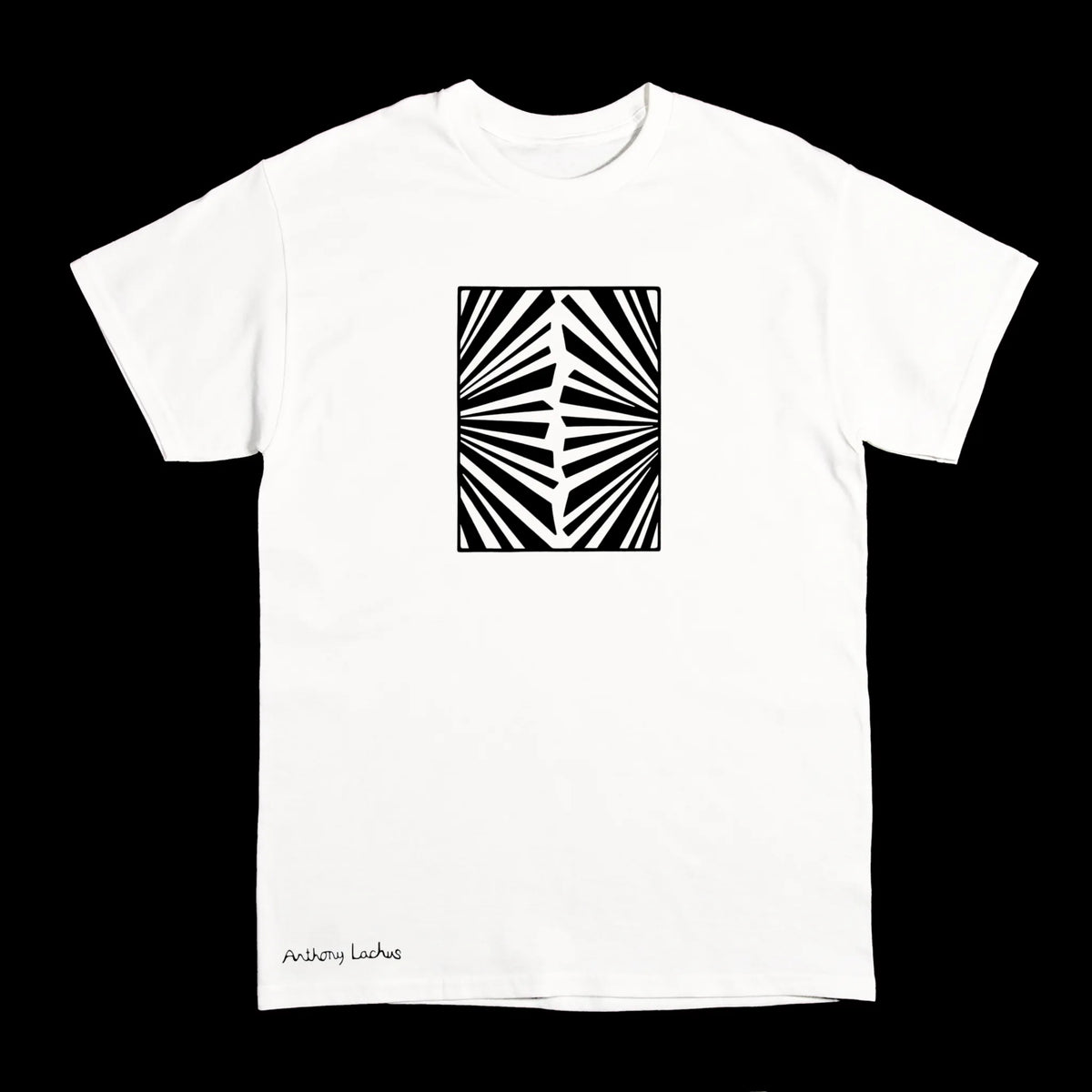 A white short-sleeve crewneck t-shirt featuring a black and white geometric sunburst graphic on the chest and the text 'Anthony Lachus' printed near the bottom left, displayed against a solid black background.