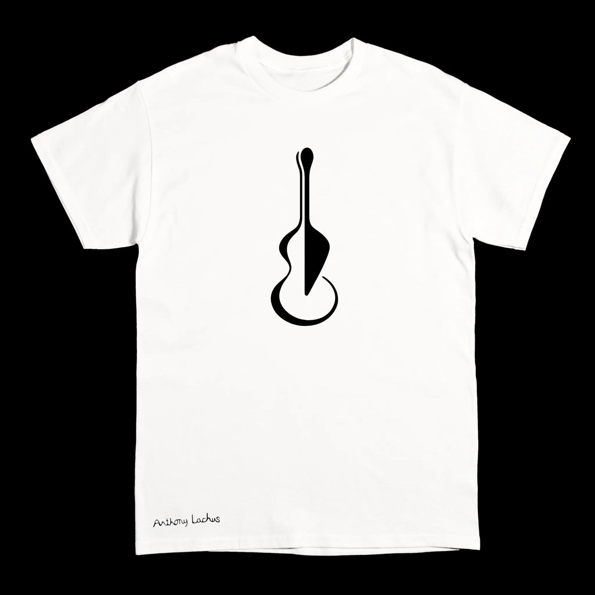 A white short-sleeve crewneck t-shirt featuring a black graphic of a guitar on the chest and 'Anthony Lachus' printed in black script near the bottom left, displayed against a solid black background.
