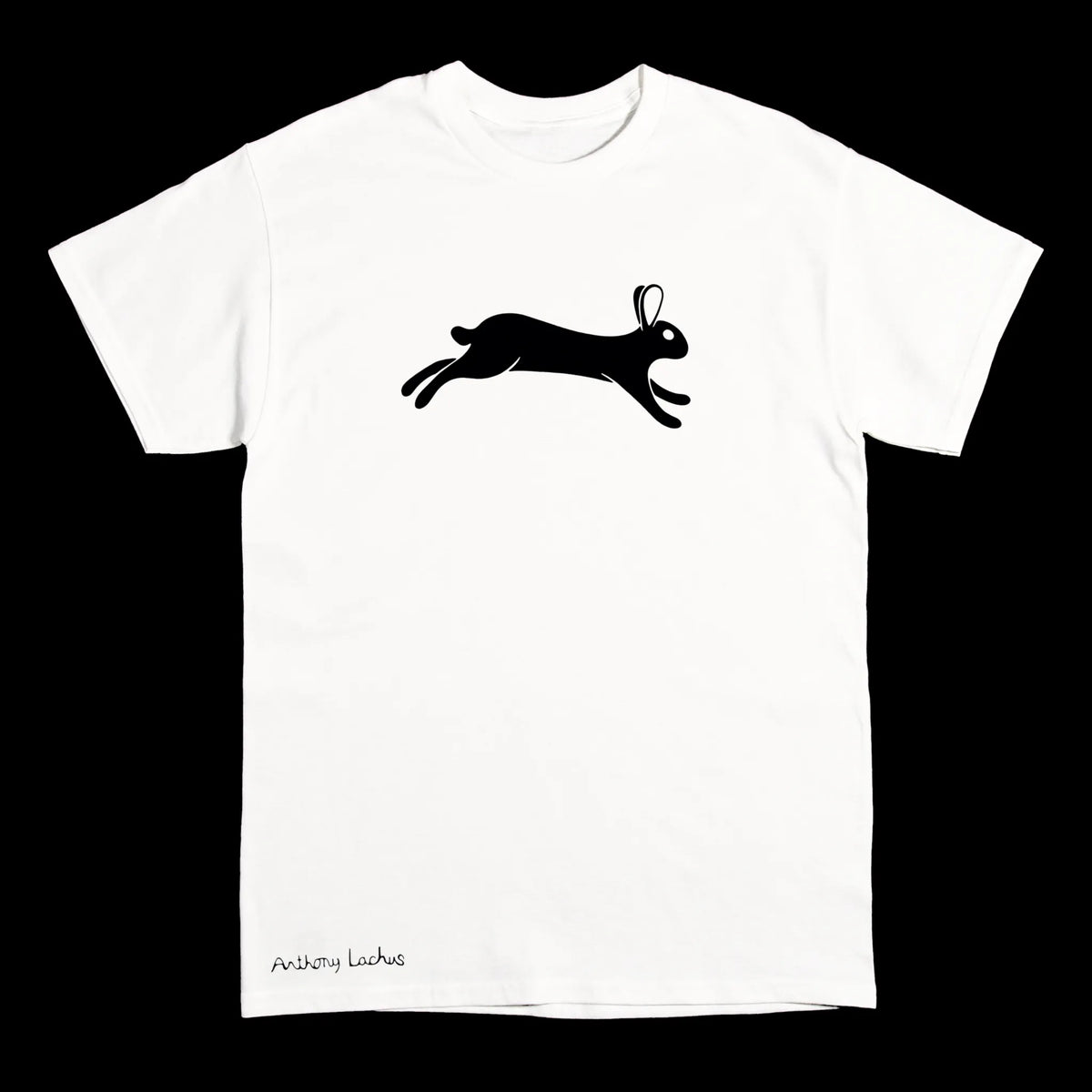 A white short-sleeve crewneck t-shirt featuring a black silhouette of a leaping rabbit on the chest and 'Anthony Lachus' printed in black near the bottom left, displayed against a solid black background.