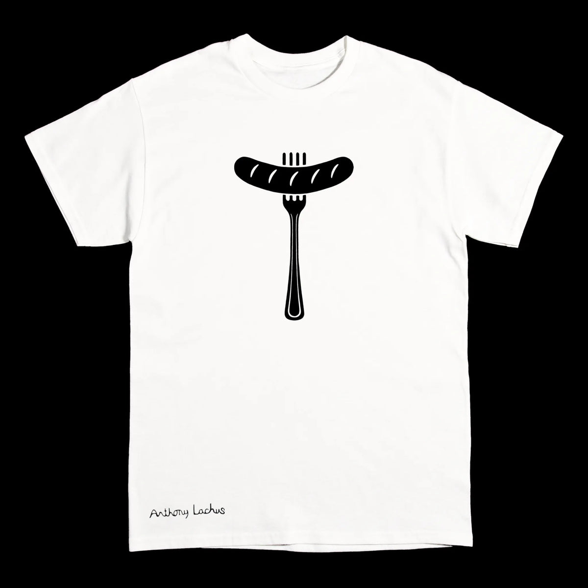 A white short-sleeve crewneck t-shirt featuring a black graphic of a hot dog on a fork on the chest, with 'Anthony Lachus' printed in black script near the bottom left hem, displayed against a solid black background.