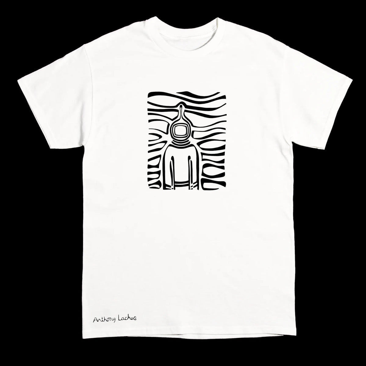 A white short-sleeve crewneck t-shirt featuring a black graphic print of a stylized figure with a circular head against wavy horizontal lines, with 'Anthony Lachus' printed in black near the bottom left hem, shown against a solid black background.
