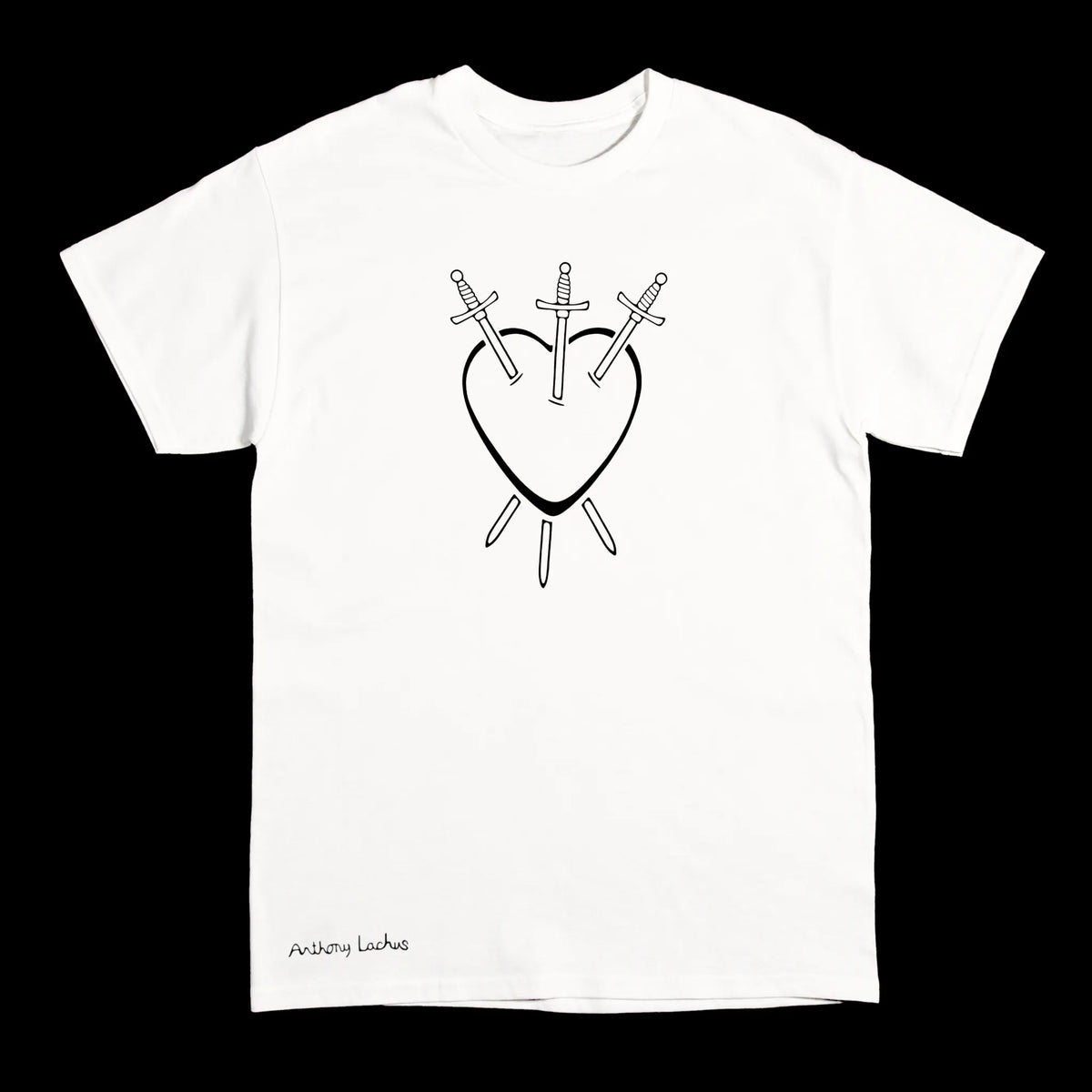A white short-sleeve crewneck t-shirt with a black line art graphic of a heart pierced by three swords on the chest, and 'Anthony Lachus' printed in black near the bottom left hem, shown against a solid black background. Three of Swords Tarot.