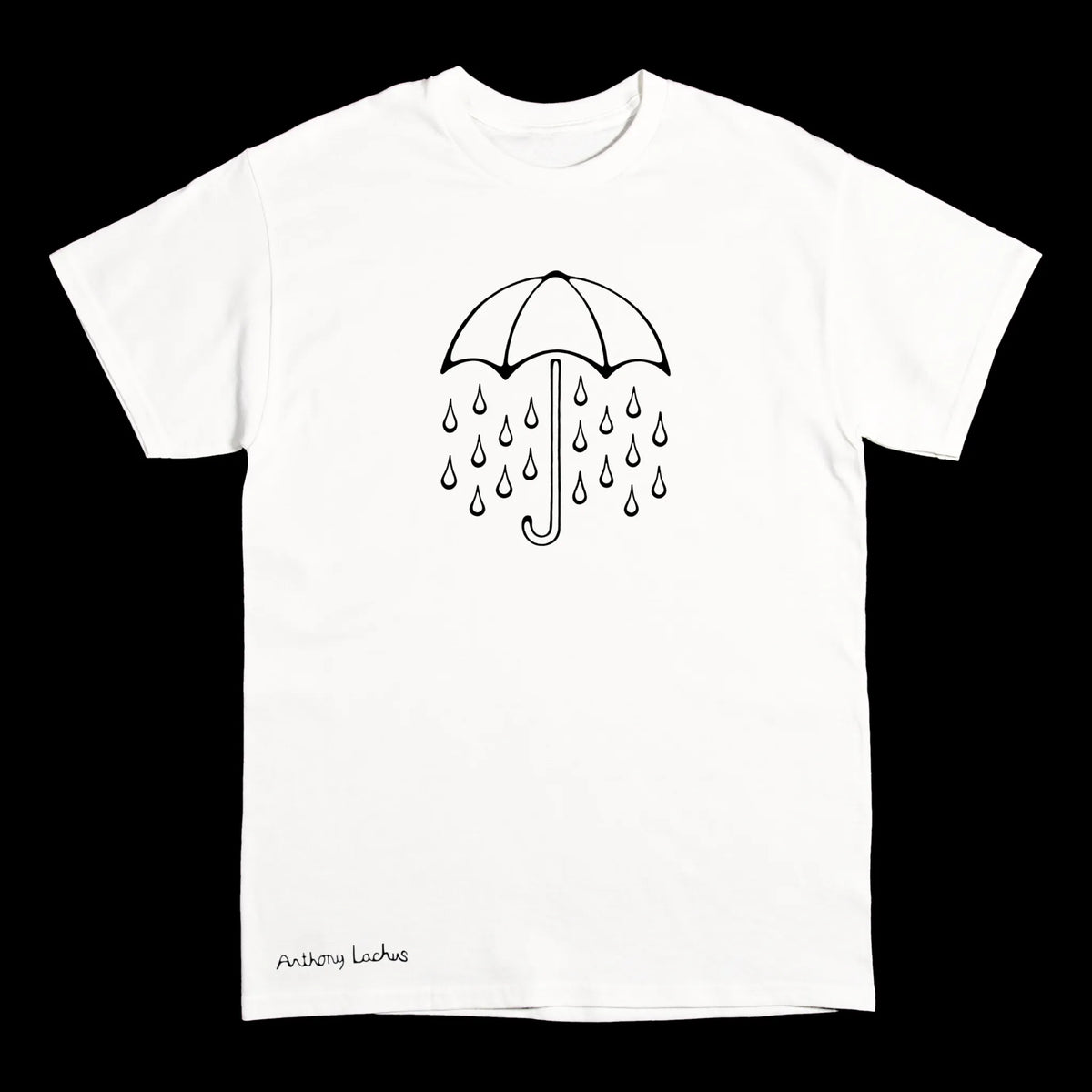 A white short-sleeve crewneck t-shirt with a black umbrella with rain drops line art graphic of on the chest, and a black signature reading 'Anthony Lachus' near the bottom left hem, displayed against a black background. An original, hand drawn artwork by Anthony Lachus. Front view.