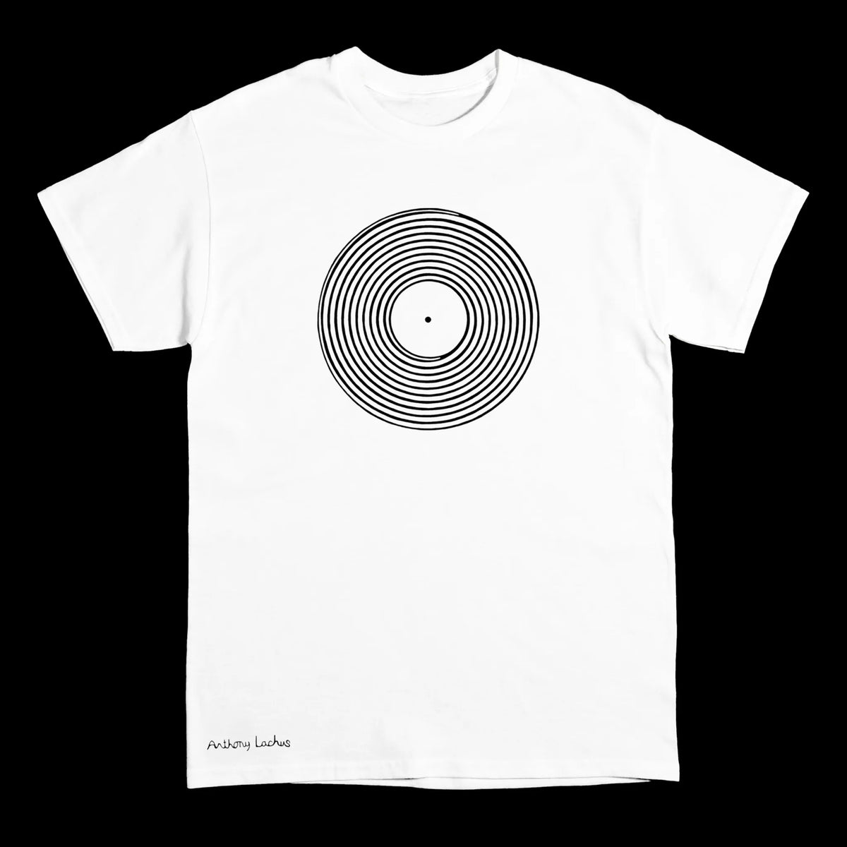 A white short-sleeve crewneck t-shirt with a black vinyl record line art graphic of on the chest, and a black signature reading 'Anthony Lachus' near the bottom left hem, displayed against a dark background. An original, hand drawn artwork by Anthony Lachus. Front view.