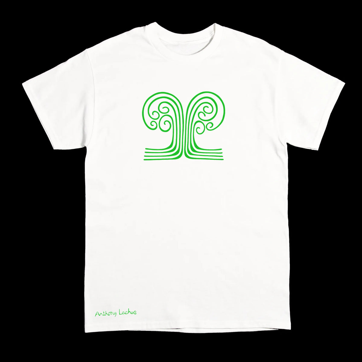 A white short-sleeve crewneck t-shirt with a green line art graphic of a tree with roots on the chest, and a small green signature reading 'Anthony Lachus' near the bottom left hem, displayed against a dark background. An original, hand drawn artwork by Anthony Lachus. Front view.