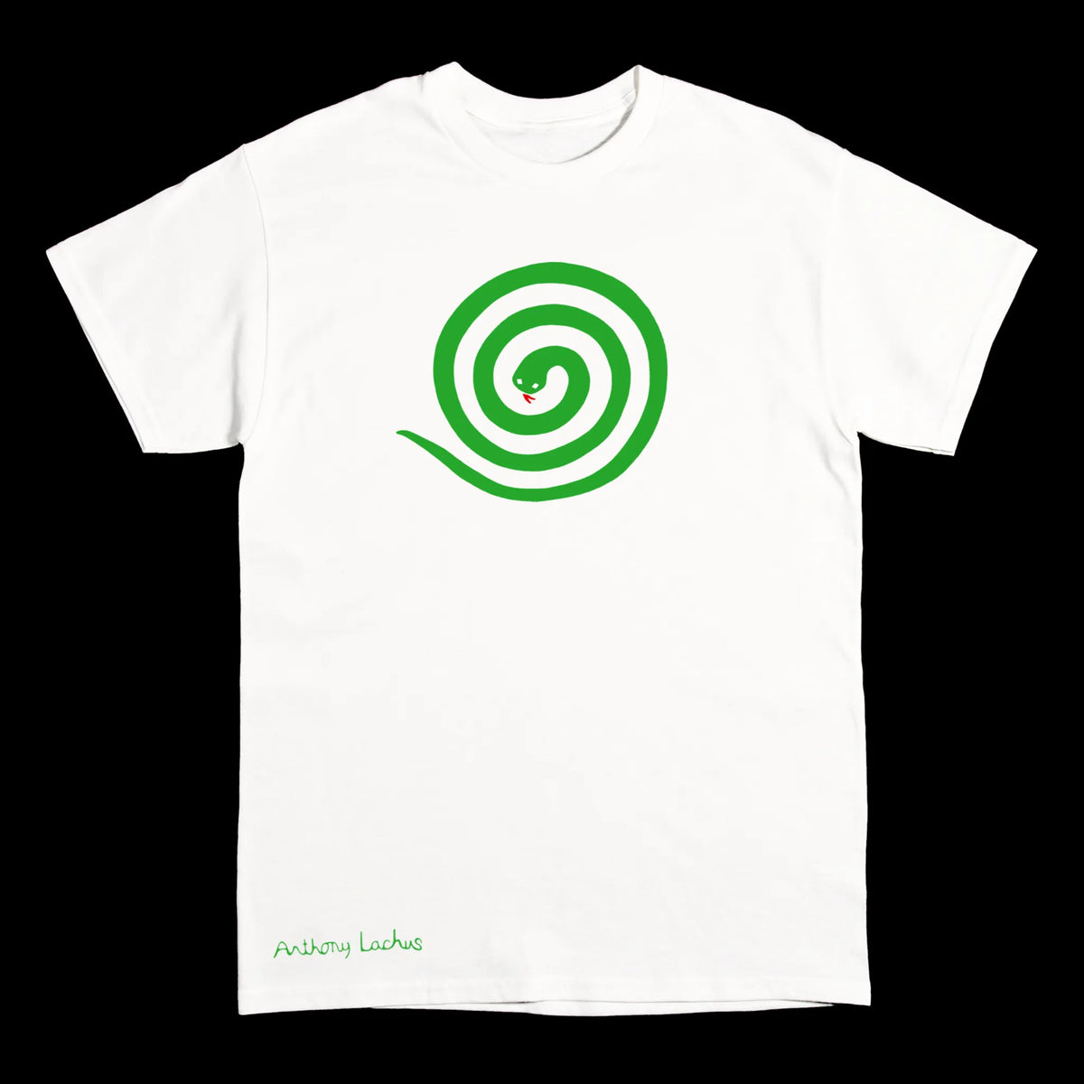 A white short-sleeve crewneck t-shirt featuring a green spiral snake graphic on the chest and green artists signature ‘Anthony Lachus’ near the bottom left hem, displayed against a solid black background.