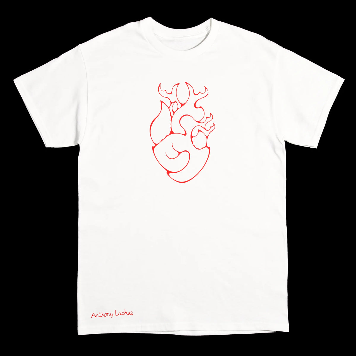A white short-sleeve crewneck t-shirt with a red line art graphic of an anatomical heart on the chest and a small red 'Anthony Lachus' signature near the bottom left hem, shown against a solid black background.