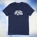 The words who knows in white on a premium cotton navy blue t-shirt original hand drawn graphic tee design by Anthony Lachus